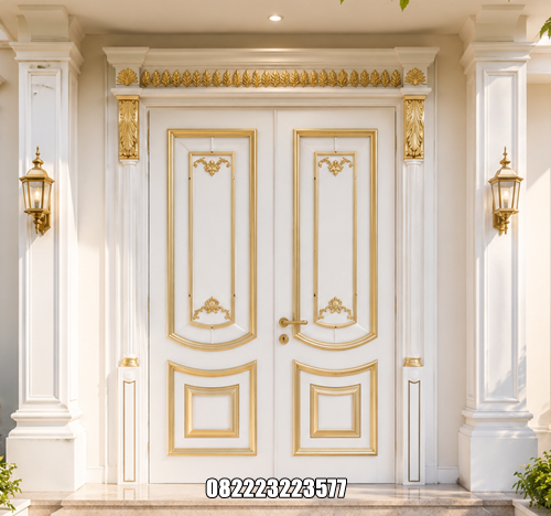 Pintu Rumah Mewah Ukir Jepara Warna Putih Kombinasi Gold